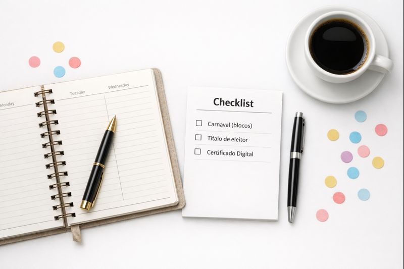 Agenda aberta com checklist, caneta e café representando organização pessoal em janeiro para fevereiro mais leve